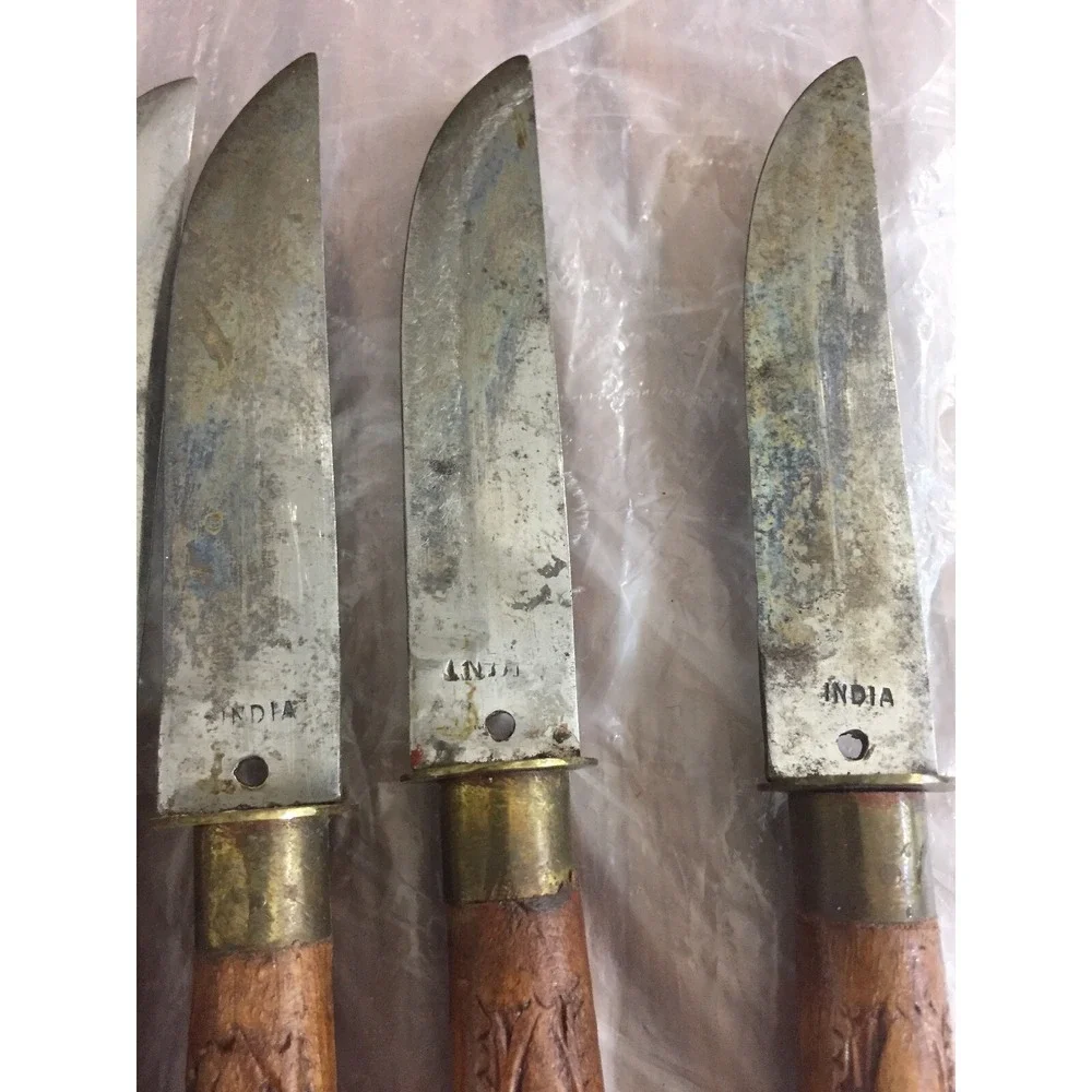 Vintage MCM Handcrafted Wooden Knife Set India 6pc Carved‎ Handles Wood Box Folk